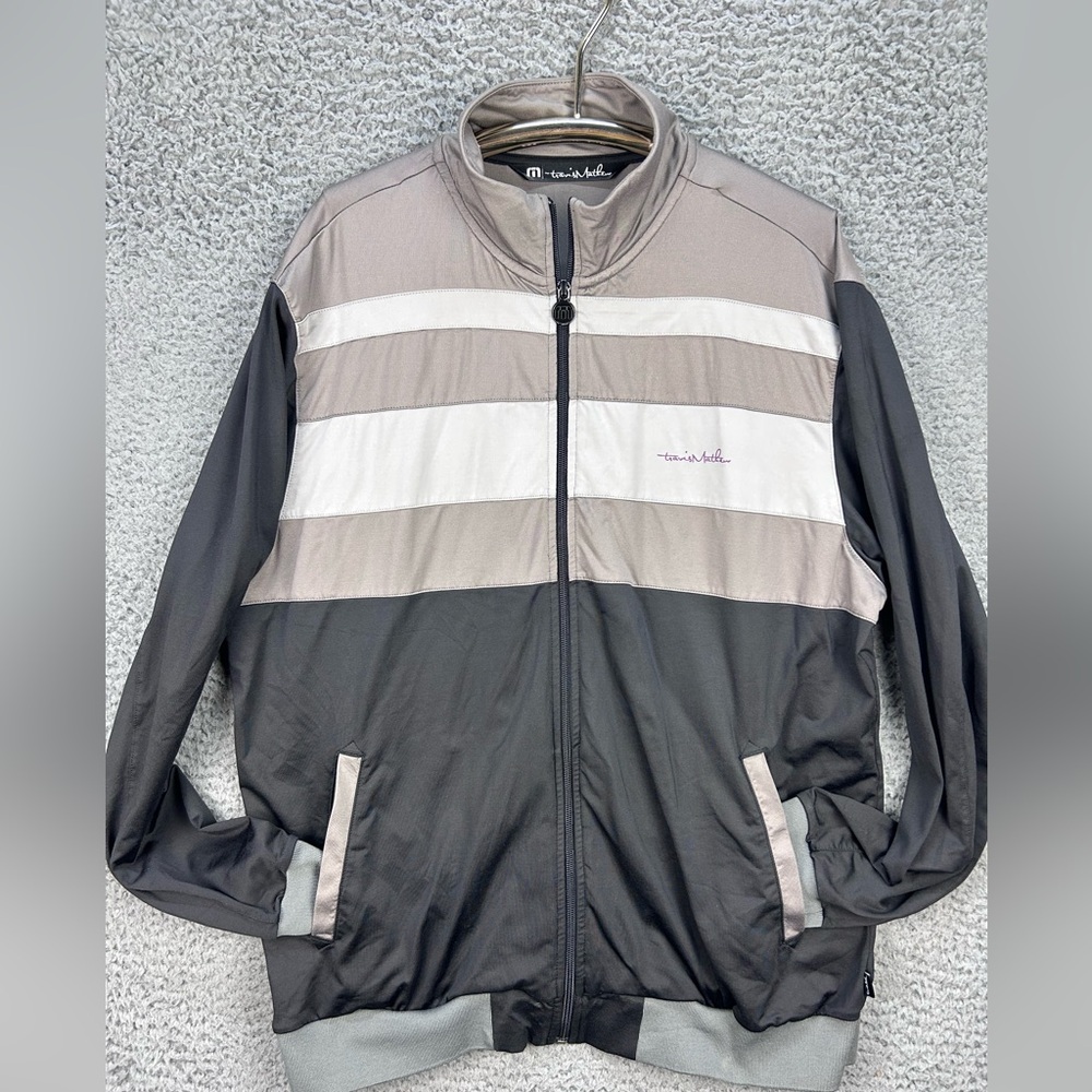 Travis Mathew Golf Track Jacket Mens XL Full Zip Black Gray White Mock Neck‎ EUC